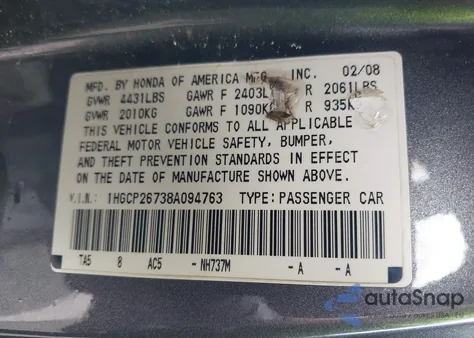 2008 Honda Accord 2.4 Ex from USA, damaged, VIN 1HGCP26738A094763